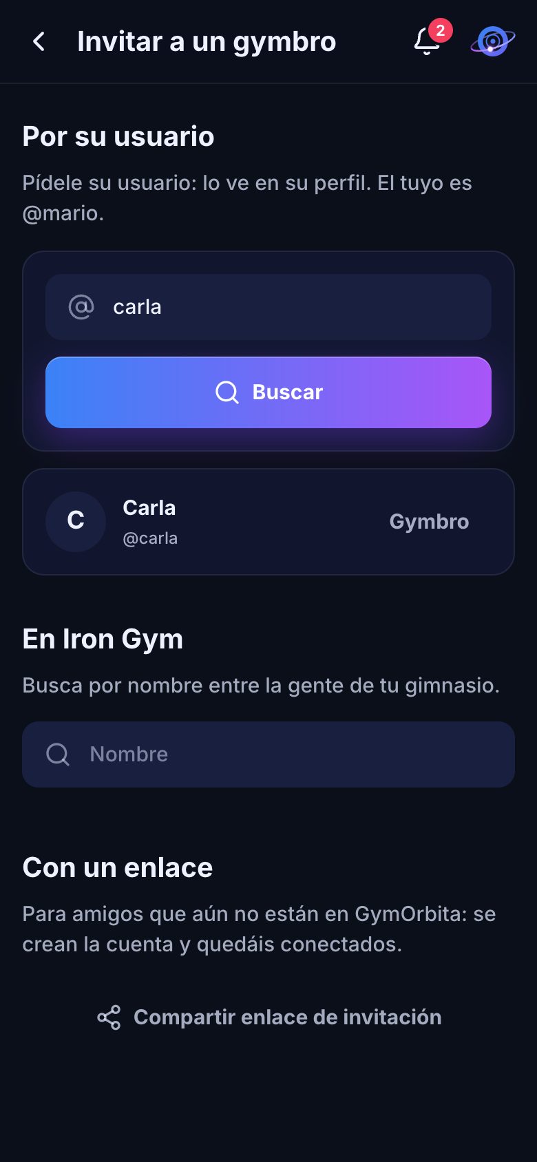 Buscar a un gymbro por su usuario