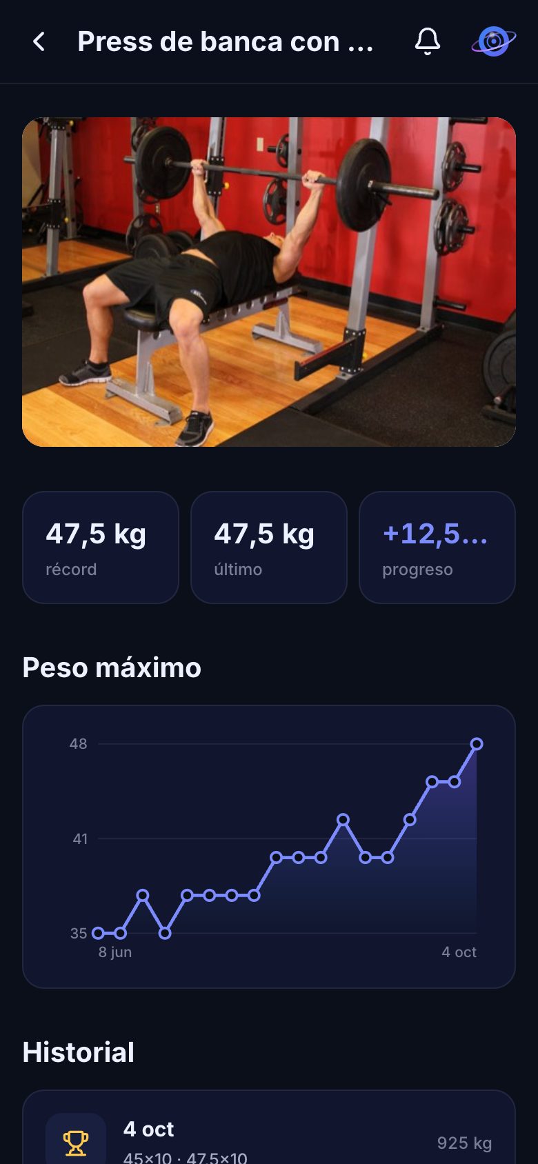 Progreso de un ejercicio: peso máximo e historial